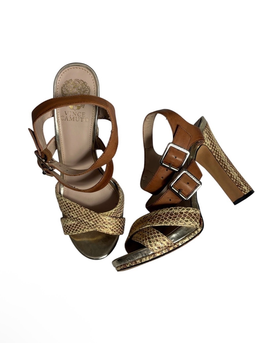 Vince Camuto tan & snake skin strappy heels size 7.5 M 37.5 flawed